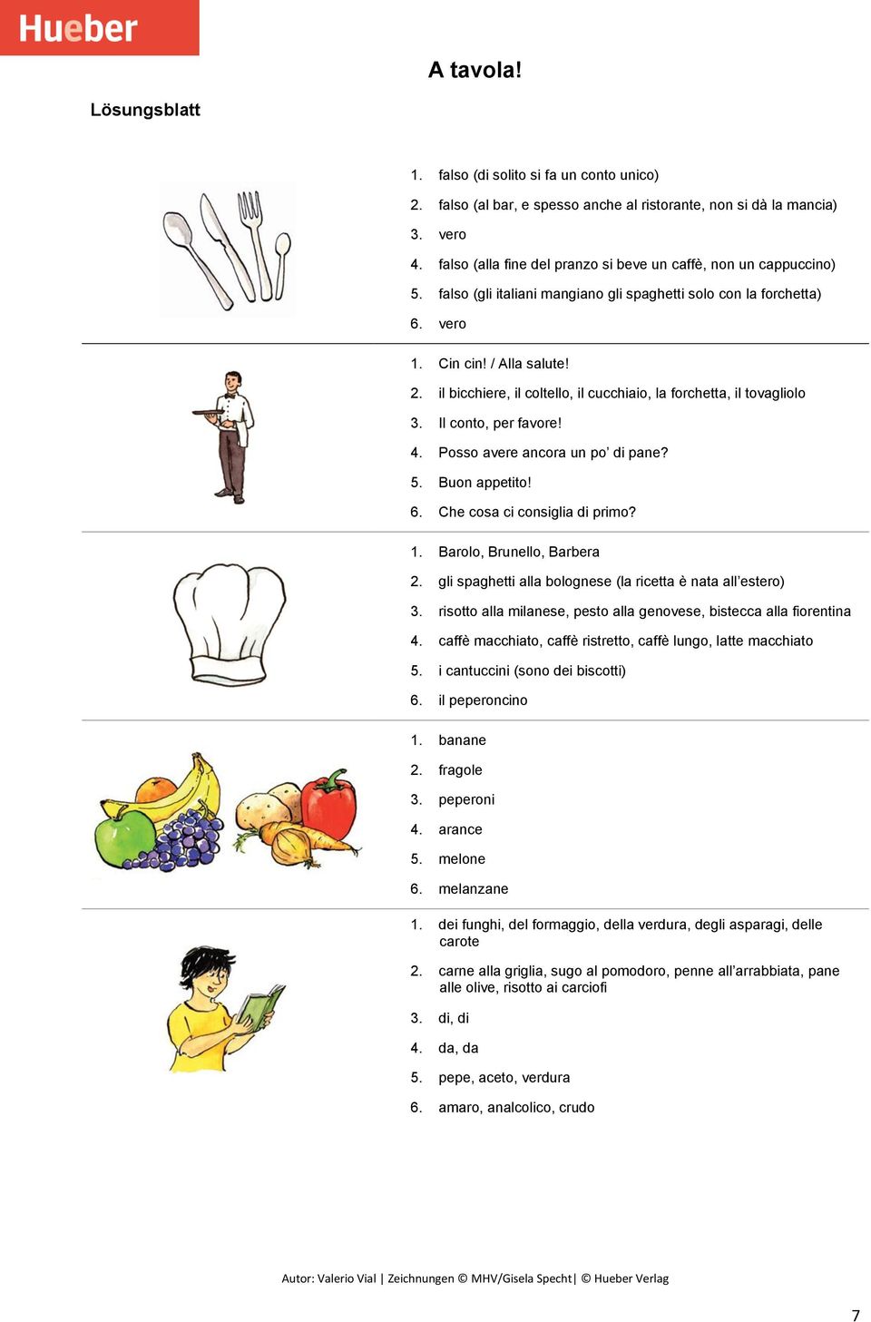 Posso avere ancora un po di pane? 5. Buon appetito! 6. Che cosa ci consiglia di primo? 1. Barolo, Brunello, Barbera 2. gli spaghetti alla bolognese (la ricetta è nata all estero).