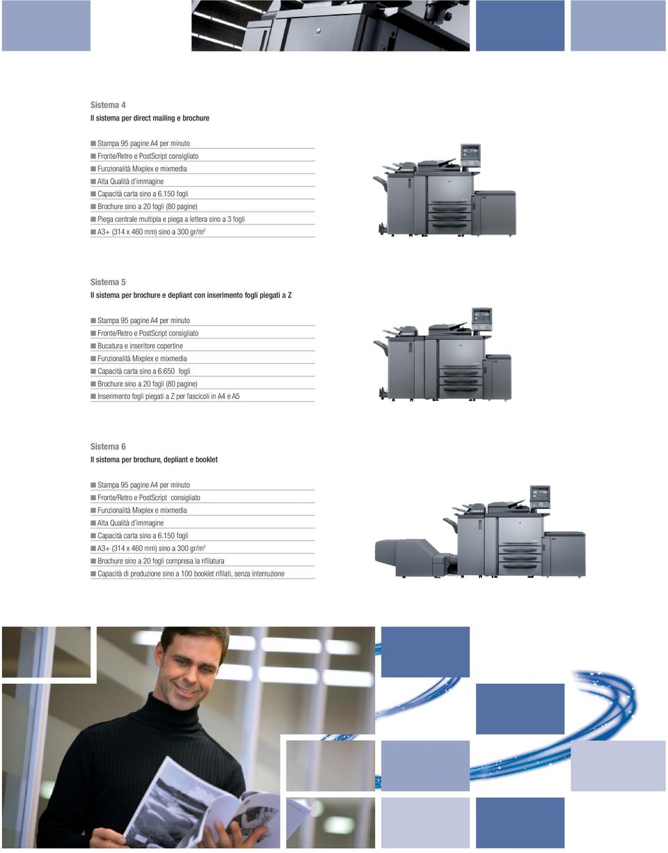 inserimento fogli piegati a Z Stampa 95 pagine A4 per minuto Fronte/Retro e PostScript consigliato Bucatura e inseritore copertine Funzionalità Mixplex e mixmedia Capacità carta sino a 6.