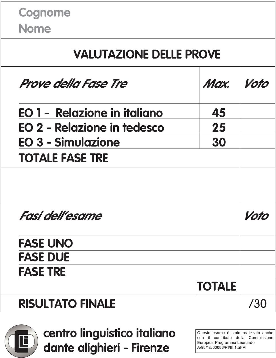 Fasi dell esame Voto FASE UNO FASE DUE FASE TRE TOTALE RISULTATO FINALE /30 centro linguistico italiano