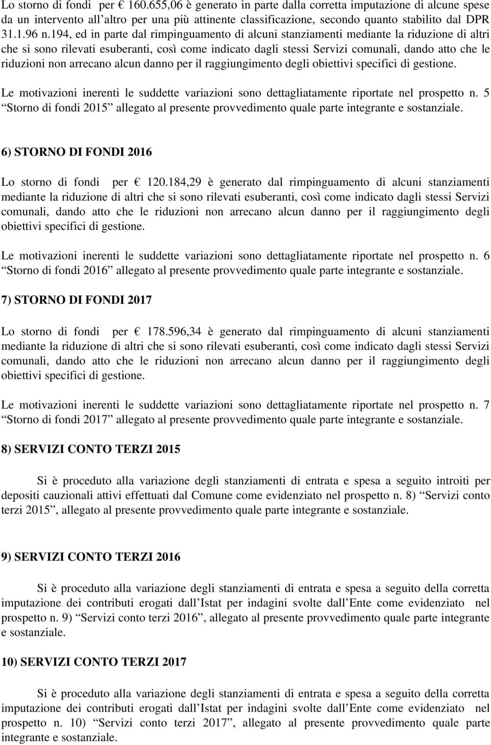 194, ed in parte dal rimpinguamento di alcuni stanziamenti mediante la riduzione di altri che si sono rilevati esuberanti, così come indicato dagli stessi Servizi comunali, dando atto che le