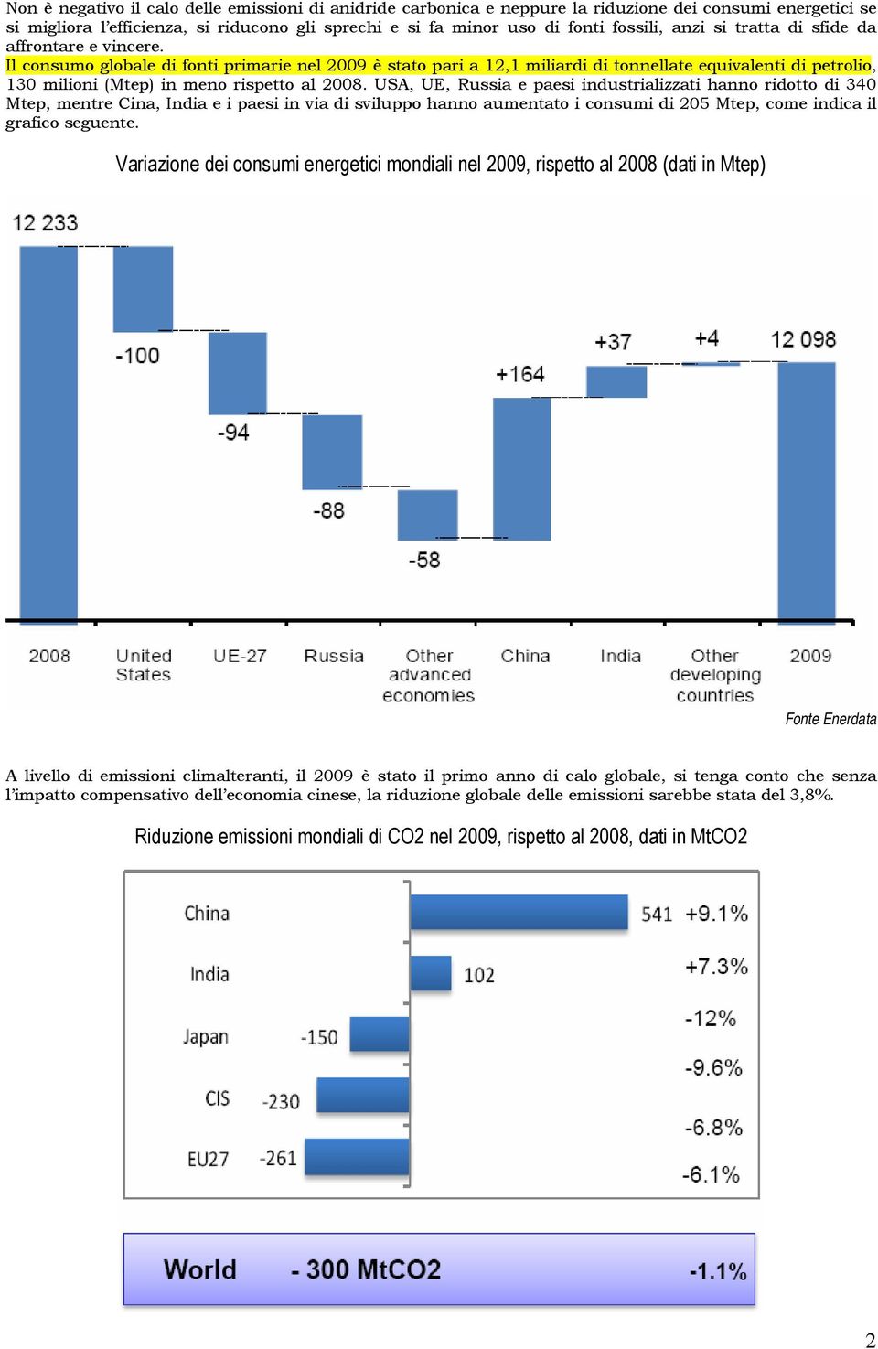 Il consumo globale di fonti primarie nel 2009 è stato pari a 12,1 miliardi di tonnellate equivalenti di petrolio, 130 milioni (Mtep) in meno rispetto al 2008.