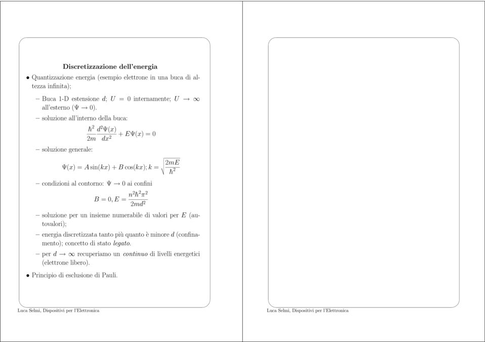 soluzione all interno della buca: h 2 d 2 Ψ(x) + EΨ(x) = 0 2m dx 2 soluzione generale: Ψ(x) = A sin(kx) + B cos(kx);k = 2mE h 2 condizioni al contorno: Ψ 0