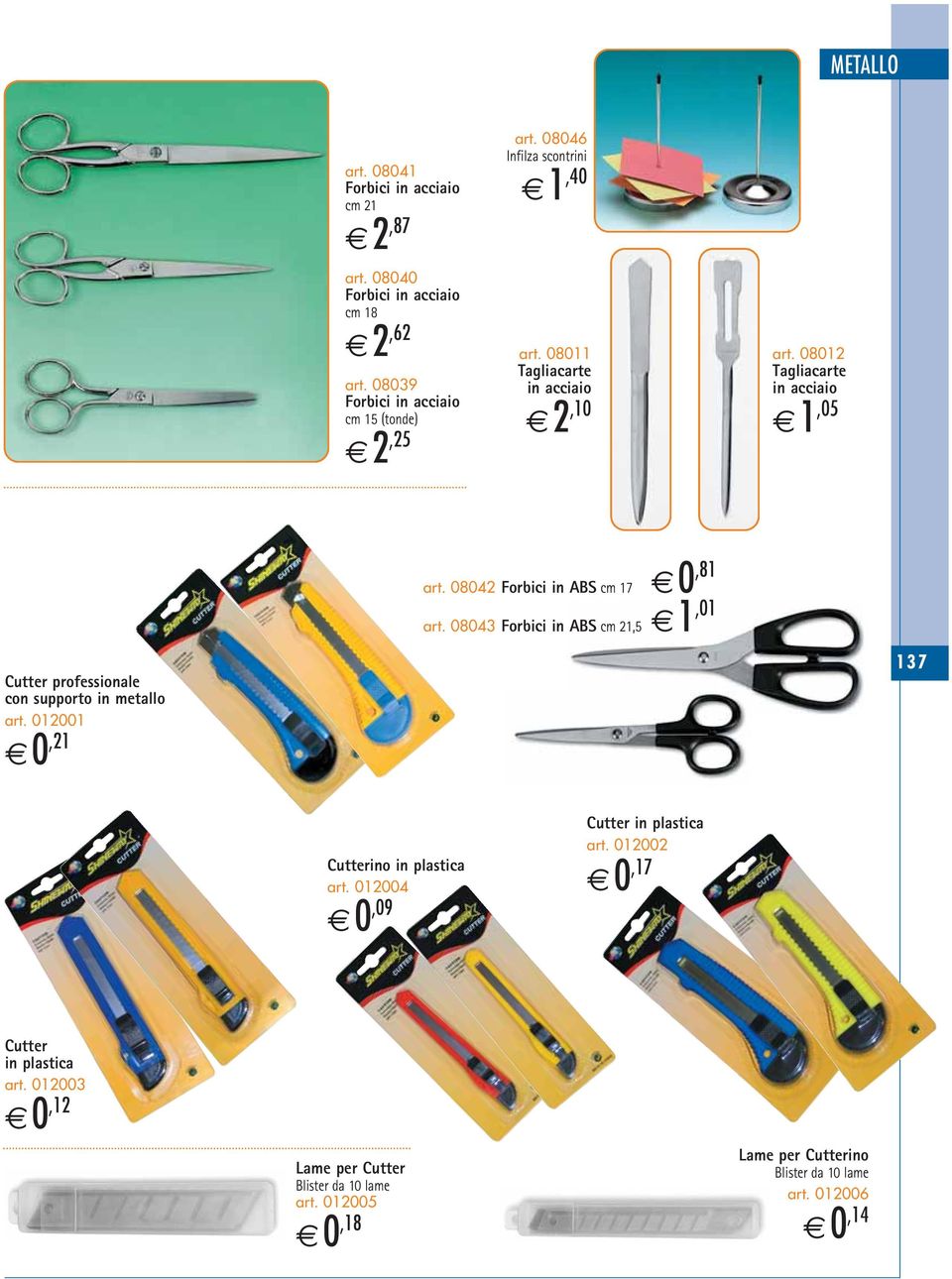 08043 Forbici in ABS cm 21,5 1,01 Cutter professionale con supporto in metallo art. 012001 0,21 137 Cutterino in plastica art.