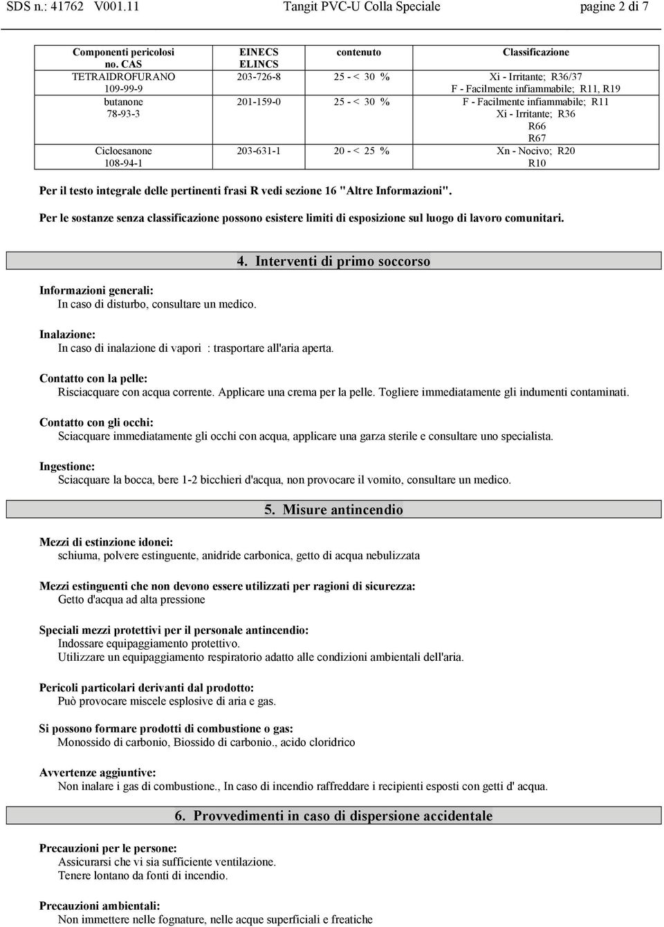 R11 Xi - Irritante; R36 R66 R67 203-631-1 20 - < 25 % Xn - Nocivo; R20 R10 Per il testo integrale delle pertinenti frasi R vedi sezione 16 "Altre Informazioni".