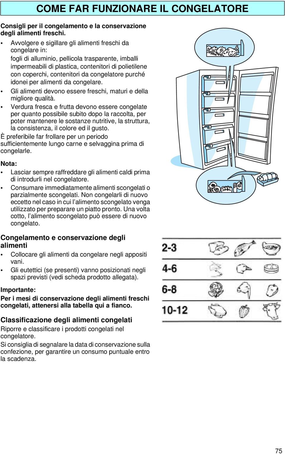 congelatore purché idonei per alimenti da congelare. Gli alimenti devono essere freschi, maturi e della migliore qualità.