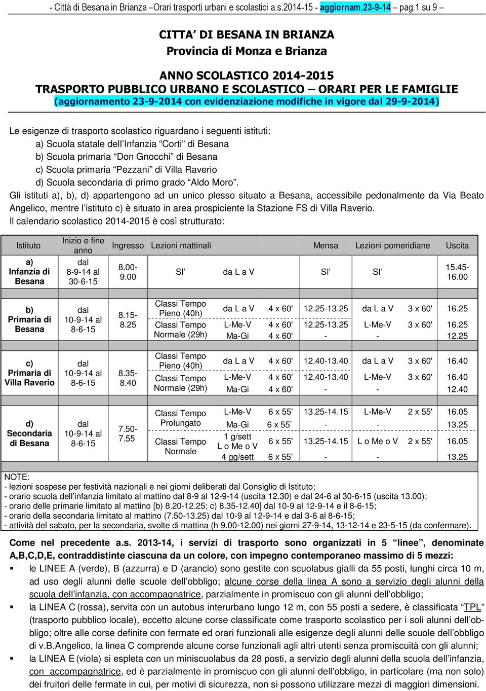 modifiche in vigore dal 29-9-2014) Le esigenze di trasporto scolastico riguardano i seguenti istituti: a) Scuola statale dell Infanzia Corti di Besana b) Scuola primaria Don Gnocchi di Besana c)