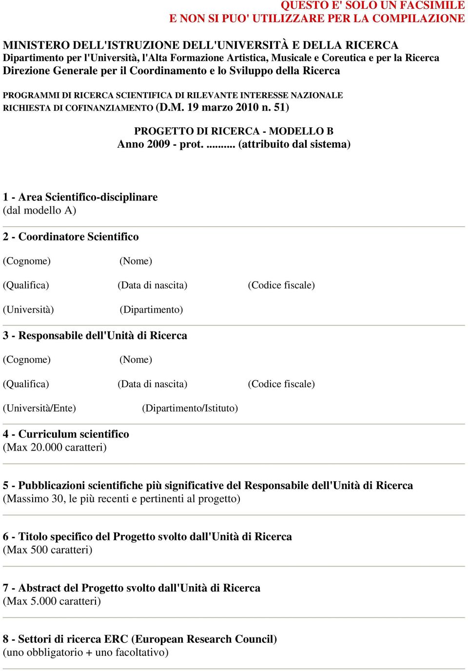 51) PROGETTO DI RICERCA - MODELLO B Anno 2009 - prot.