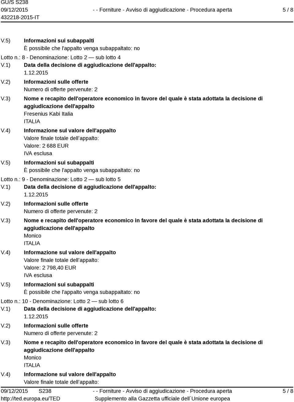 : 9 - Denominazione: Lotto 2 sub lotto 5 V.