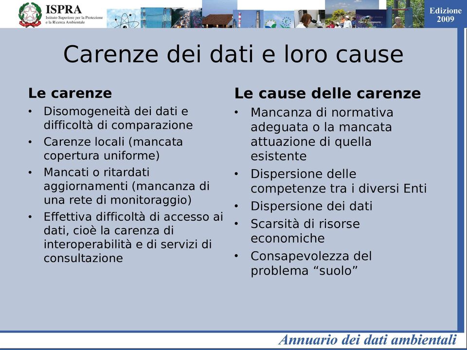 interoperabilità e di servizi di consultazione Le cause delle carenze Mancanza di normativa adeguata o la mancata attuazione di quella