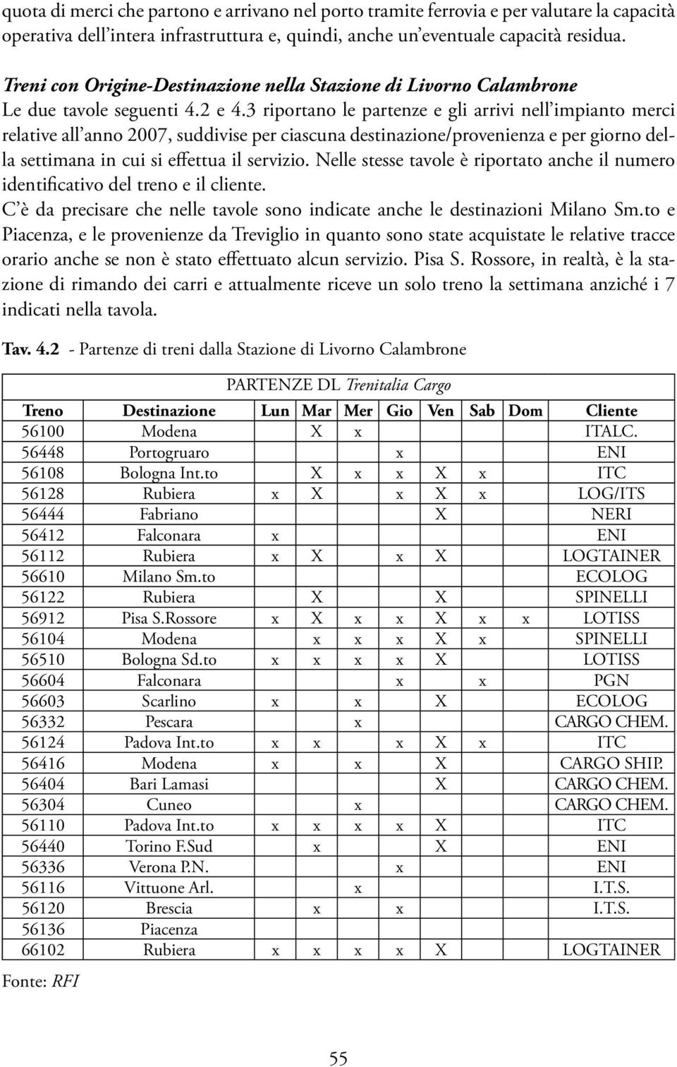 3 riportano le partenze e gli arrivi nell impianto merci relative all anno 2007, suddivise per ciascuna destinazione/provenienza e per giorno della settimana in cui si effettua il servizio.