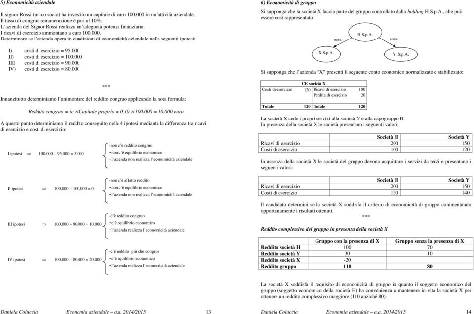 Determinare se l azienda opera in condizioni di economicità aziendale nelle seguenti ipotesi: I) costi di esercizio = 95.000 II) costi di esercizio = 100.000 III) costi di esercizio = 90.