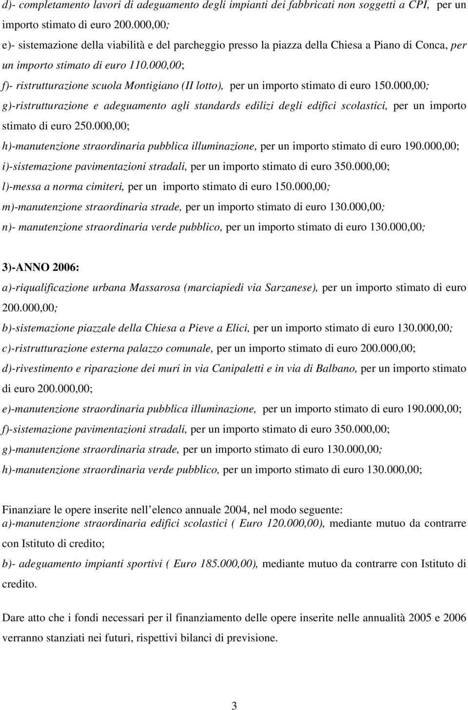000,00; f)- ristrutturazione scuola Montigiano (II lotto), per un importo stimato di euro 150.