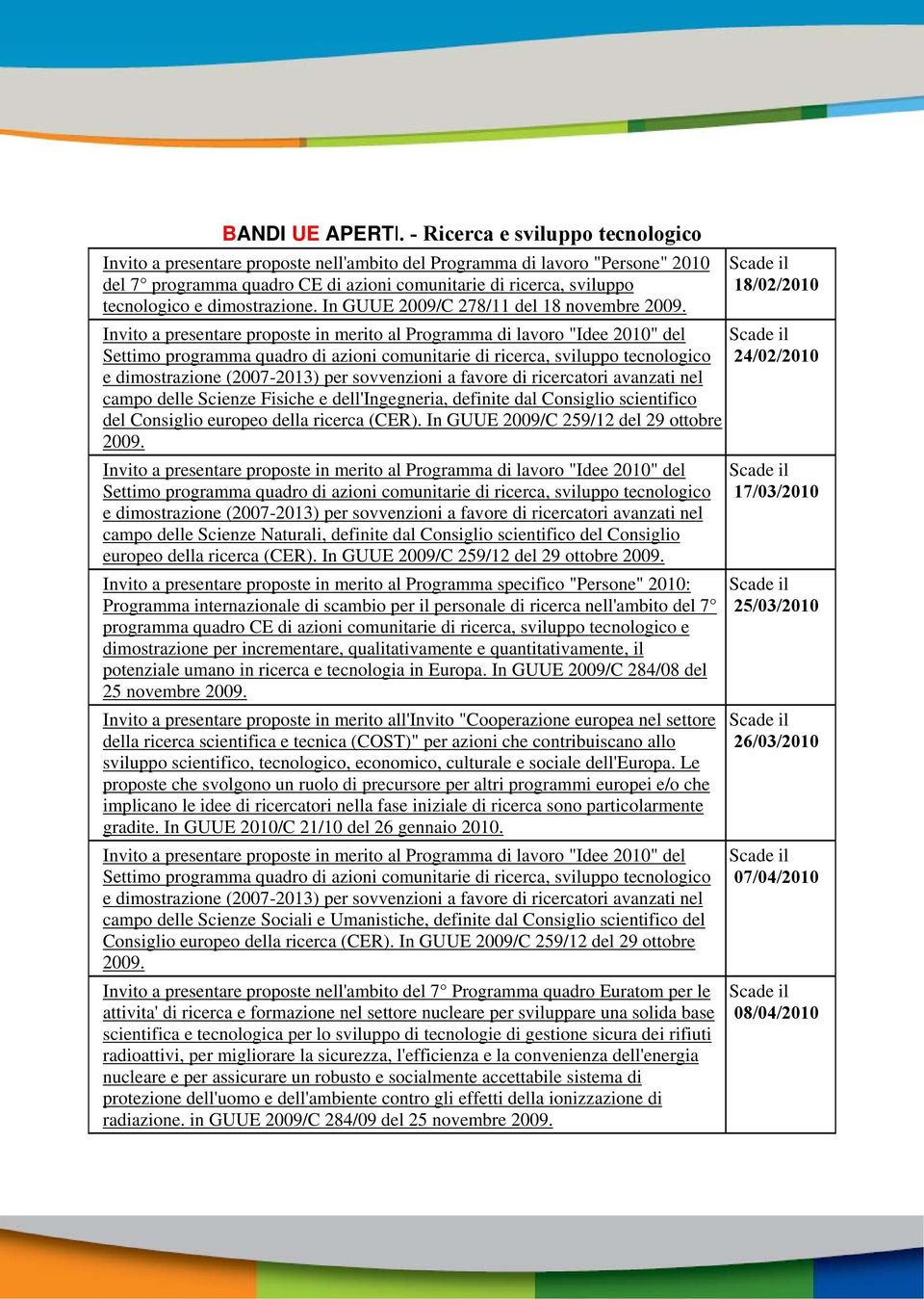 dimostrazione. In GUUE 2009/C 278/11 del 18 novembre 2009. campo delle Scienze Fisiche e dell'ingegneria, definite dal Consiglio scientifico del Consiglio europeo della ricerca (CER).