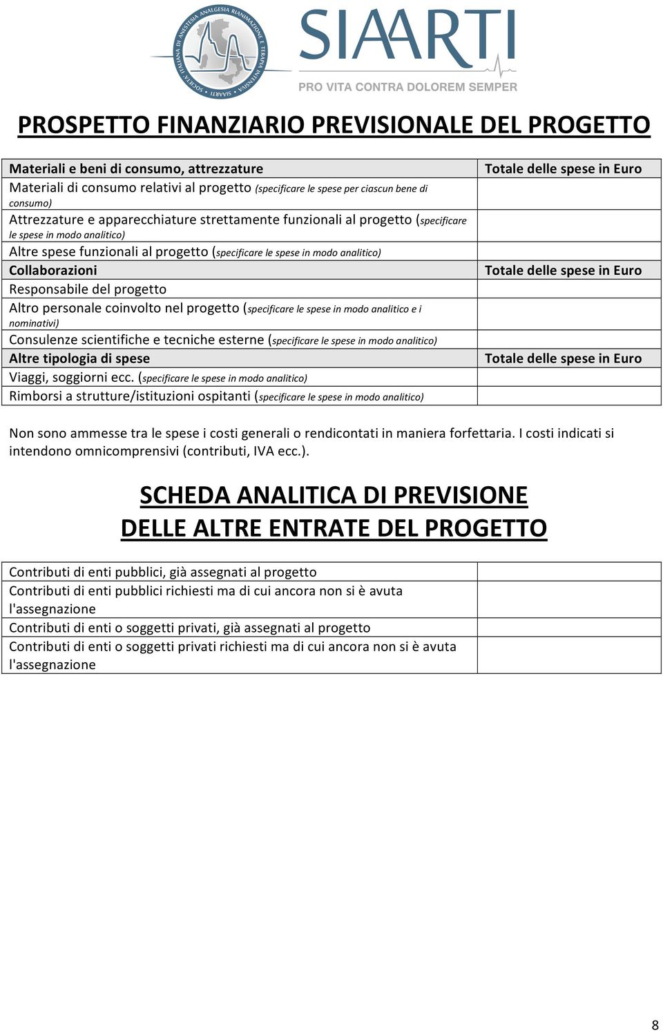 Collaborazioni Totale delle spese in Euro Responsabile del progetto Altro personale coinvolto nel progetto (specificare le spese in modo analitico e i nominativi) Consulenze scientifiche e tecniche