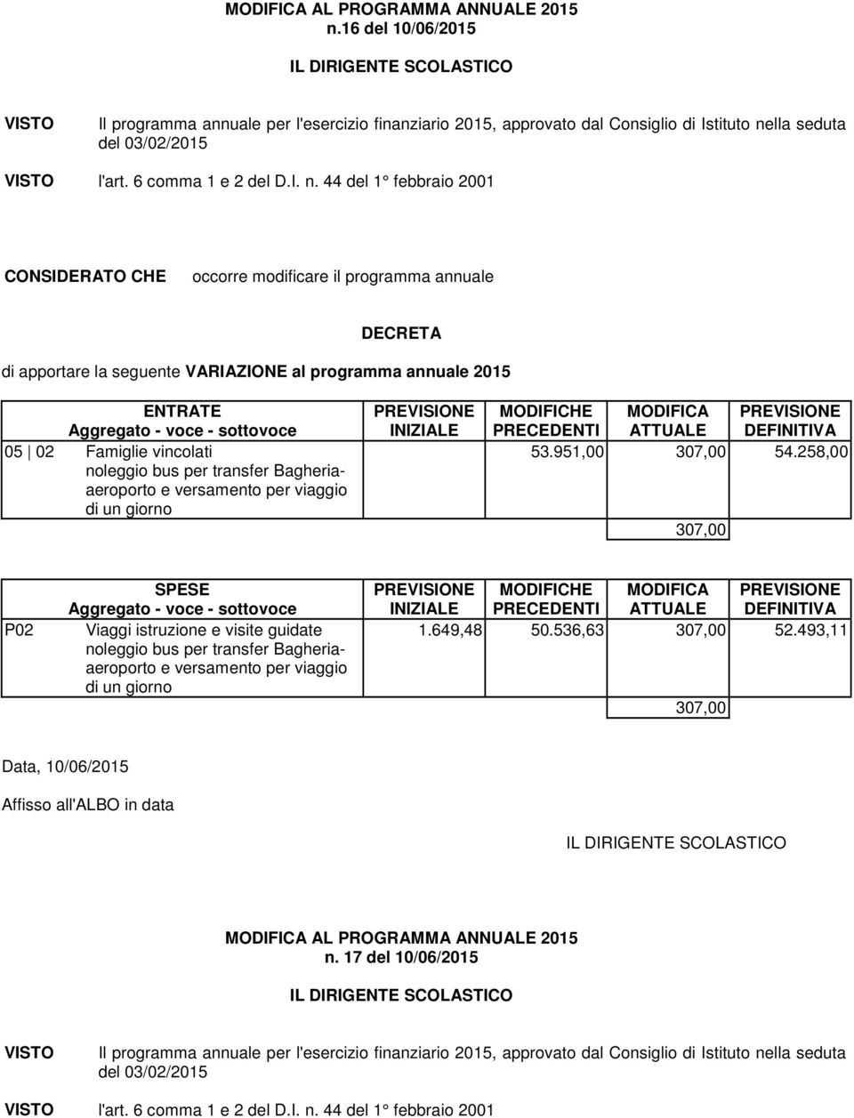 44 del 1 febbraio 2001 05 02 Famiglie vincolati noleggio bus per transfer Bagheriaaeroporto e versamento per viaggio di un giorno