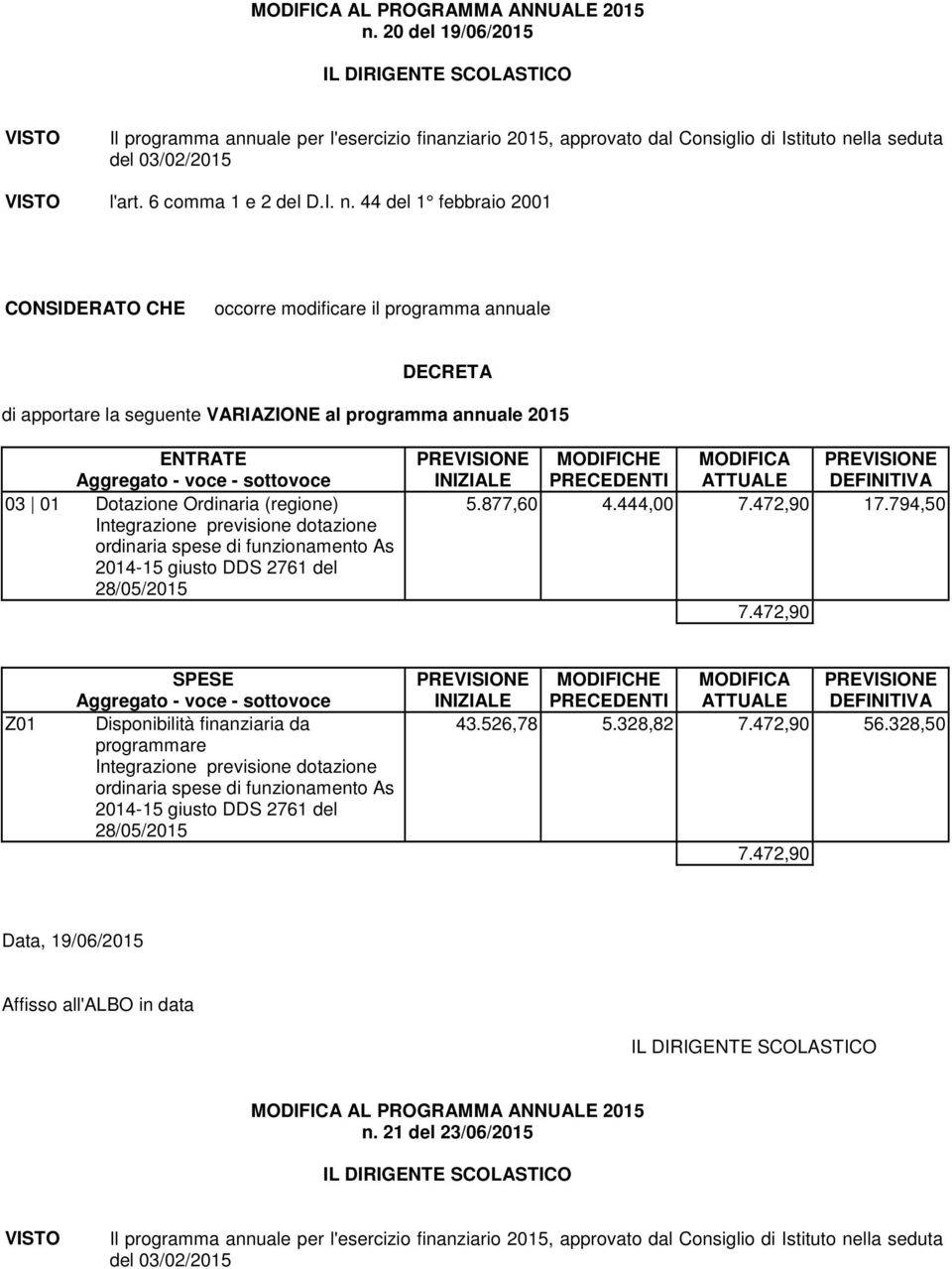 44 del 1 febbraio 2001 03 01 Dotazione Ordinaria (regione) Integrazione previsione dotazione ordinaria spese di funzionamento As 2014-15