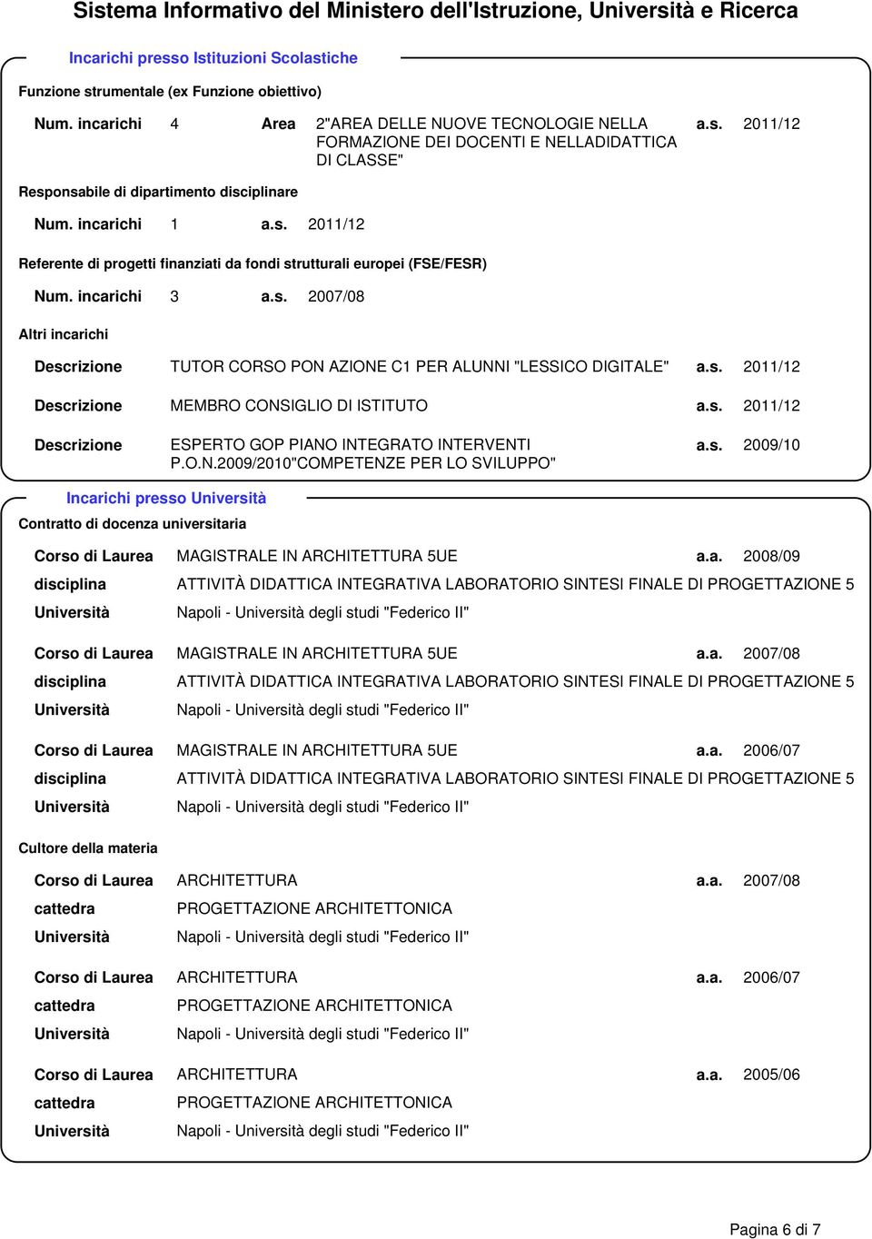 s. 2011/12 Descrizione MEMBRO CONGLIO DI ISTITUTO a.s. 2011/12 Descrizione ESPERTO GOP PIA INTEGRATO INTERVENTI P.O.N.2009/2010"COMPETENZE PER LO SVILUPPO" a.s. 2009/10 Incarichi presso Università Contratto di docenza universitaria Corso di Laurea MAGISTRALE IN ARCHITETTURA 5UE a.