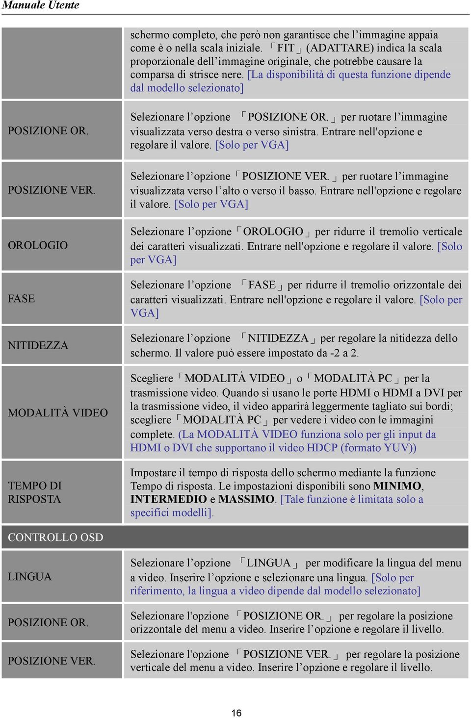 [La disponibilità di questa funzione dipende dal modello selezionato] POSIZIONE OR. POSIZIONE VER. OROLOGIO FASE NITIDEZZA MODALITÀ VIDEO TEMPO DI RISPOSTA Selezionare l opzione POSIZIONE OR.