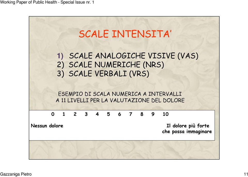 A 11 LIVELLI PER LA VALUTAZIONE DEL DOLORE 0 1 2 3 4 5 6 7 8 9 10