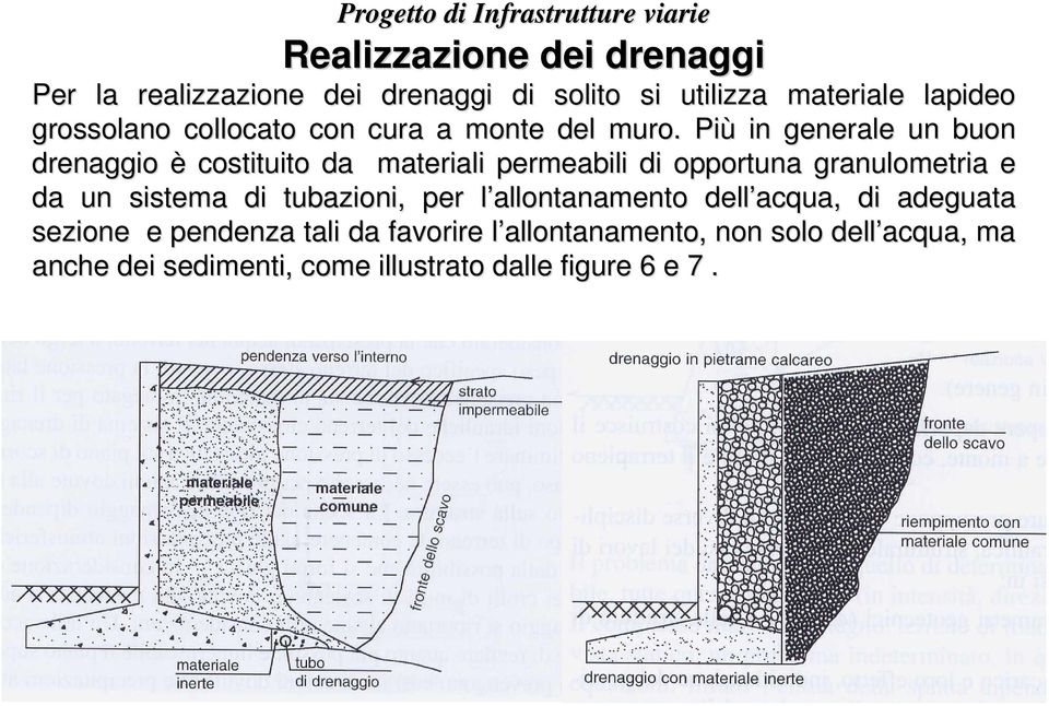 Più in generale un buon drenaggio è costituito da materiali permeabili di opportuna granulometria e da un sistema