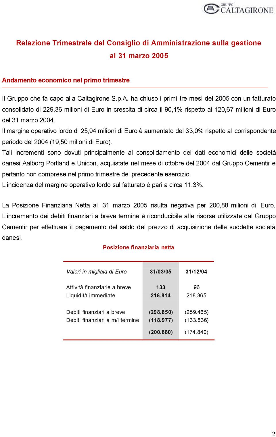 damento economico nel primo trimestre Il Gruppo che fa capo alla Caltagirone S.p.A.