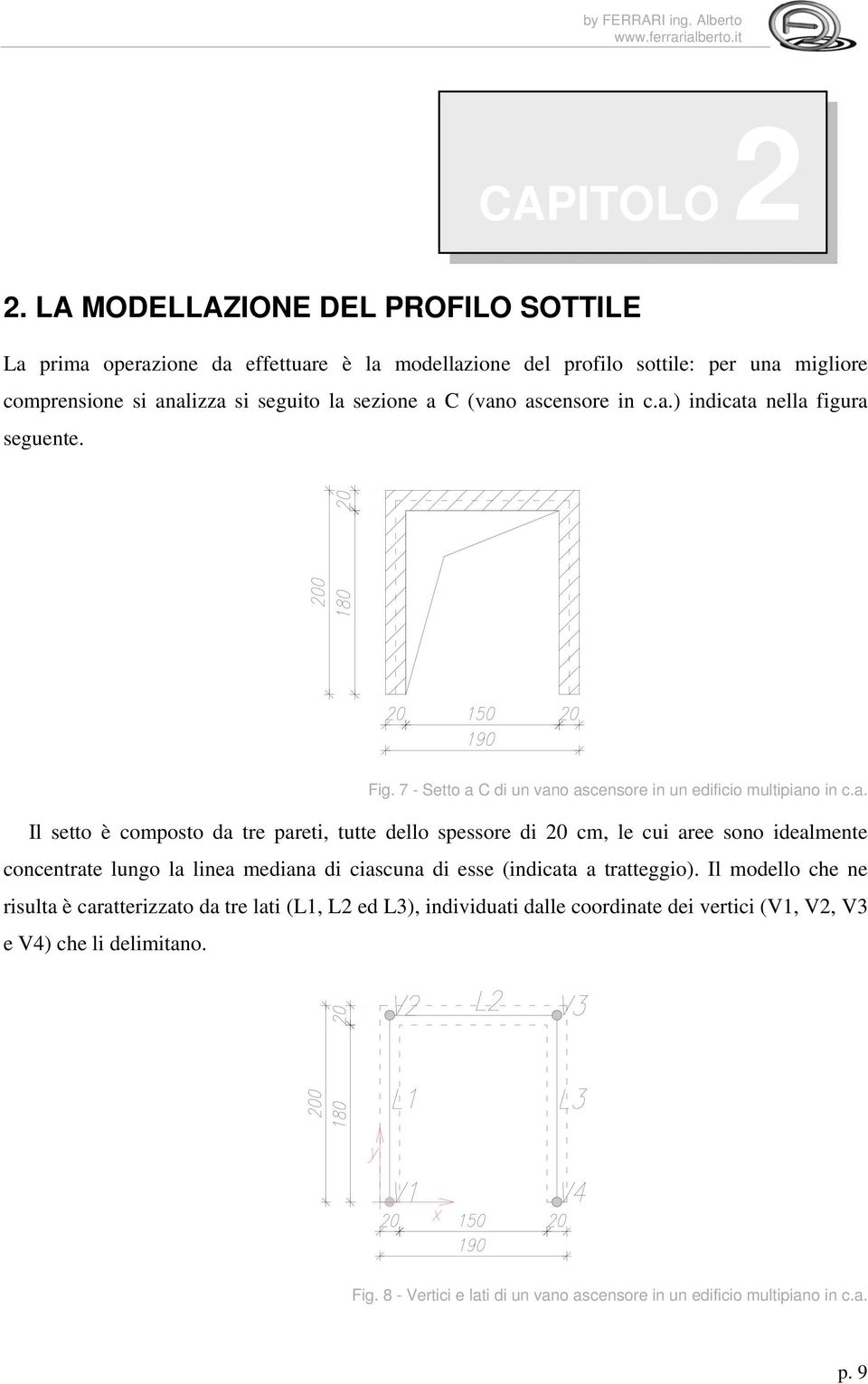 ascensore in c.a.) indicata nella figura seguente. Fig. 7 - Setto a C di un vano ascensore in un edificio multipiano in c.a. Il setto è composto da tre pareti, tutte dello spessore di 20 cm, le cui aree sono idealmente concentrate lungo la linea mediana di ciascuna di esse (indicata a tratteggio).