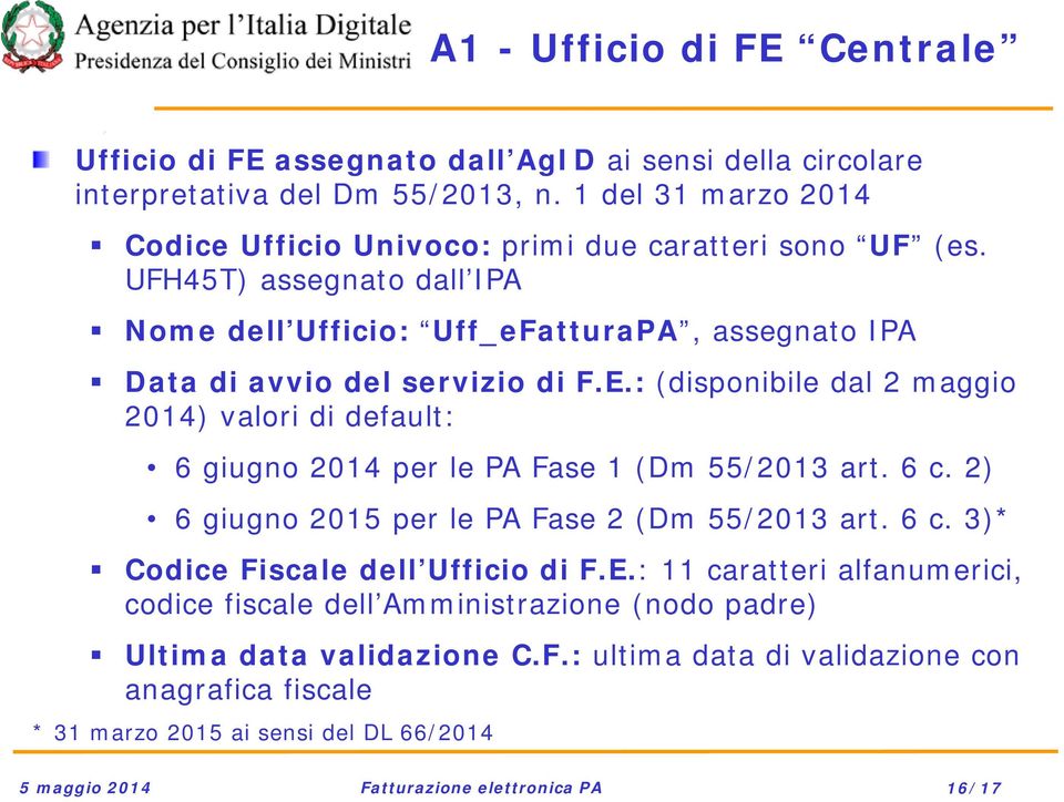 : (disponibile dal 2 maggio 2014) valori di default: 6 giugno 2014 per le PA Fase 1 (Dm 55/2013 art. 6 c. 2) 6 giugno 2015 per le PA Fase 2 (Dm 55/2013 art. 6 c. 3)* Codice Fiscale dell Ufficio di F.