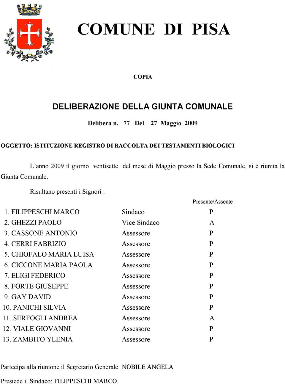 Risultano presenti i Signori : Presente/Assente 1. FILIPPESCHI MARCO Sindaco P 2. GHEZZI PAOLO Vice Sindaco A 3. CASSONE ANTONIO Assessore P 4. CERRI FABRIZIO Assessore P 5.