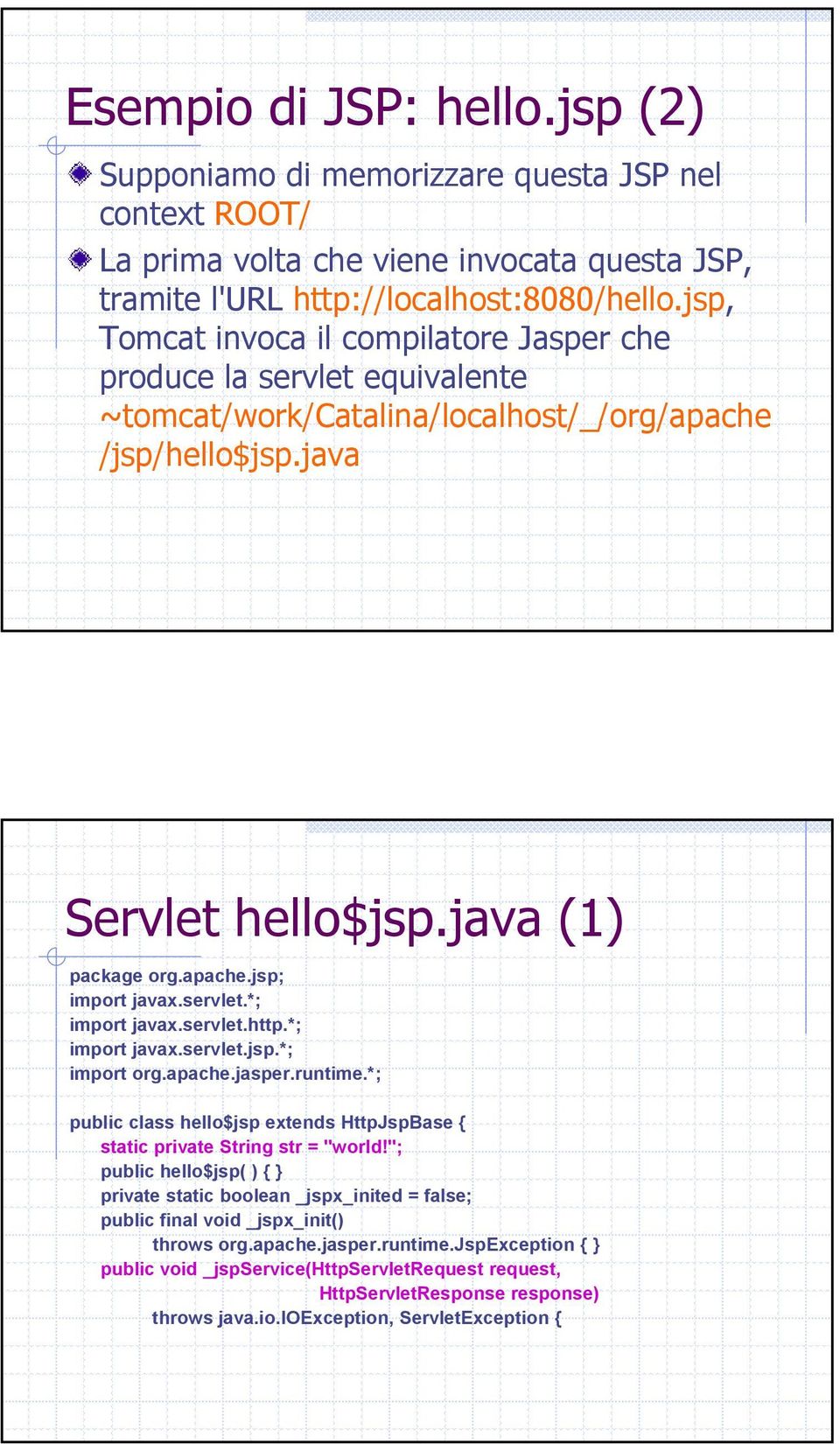 java Servlet hello$jsp.java (1) package org.apache.jsp; import javax.servlet.*; import javax.servlet.http. *; import javax.servlet.jsp.*; import org.apache.jasper.runtime.