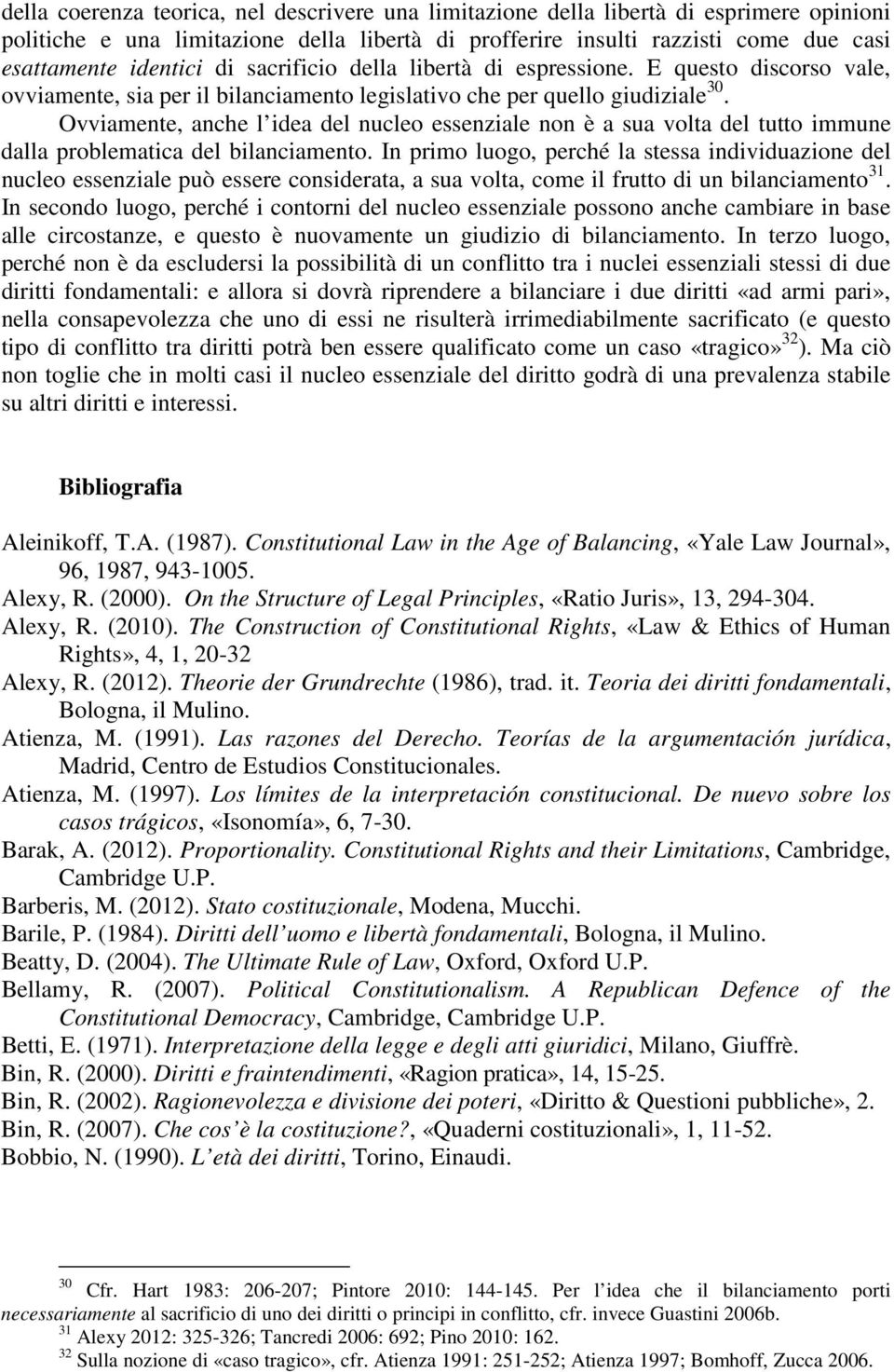 Ovviamente, anche l idea del nucleo essenziale non è a sua volta del tutto immune dalla problematica del bilanciamento.