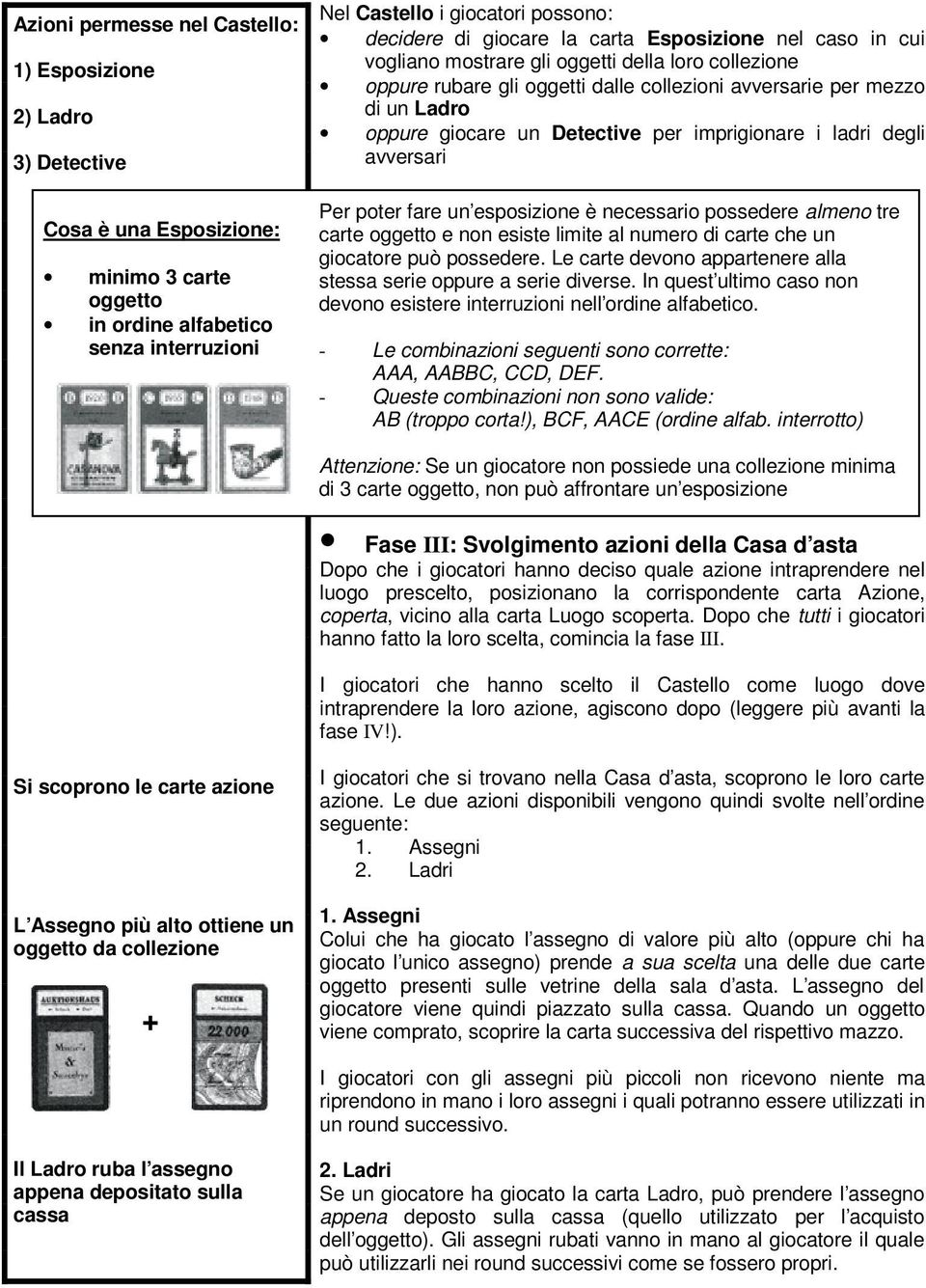 Detective per imprigionare i ladri degli avversari Per poter fare un esposizione è necessario possedere almeno tre carte oggetto e non esiste limite al numero di carte che un giocatore può possedere.