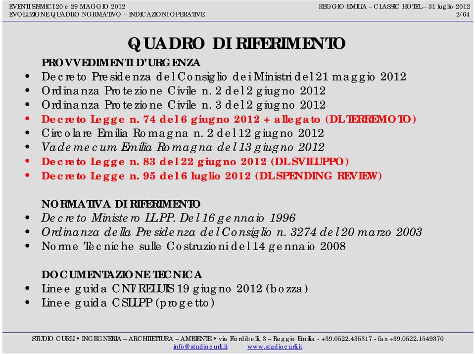 2 del 12 giugno 2012 Vademecum Emilia Romagna del 13 giugno 2012 Decreto Legge n. 83 del 22 giugno 2012 (DL SVILUPPO) Decreto Legge n.
