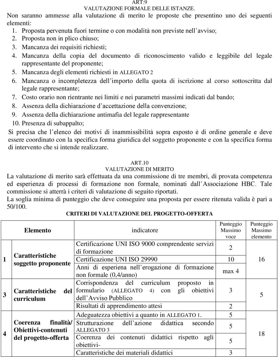 Mancanza della copia del documento di riconoscimento valido e leggibile del legale rappresentante del proponente;. Mancanza degli elementi richiesti in ALLEGATO 2 6.