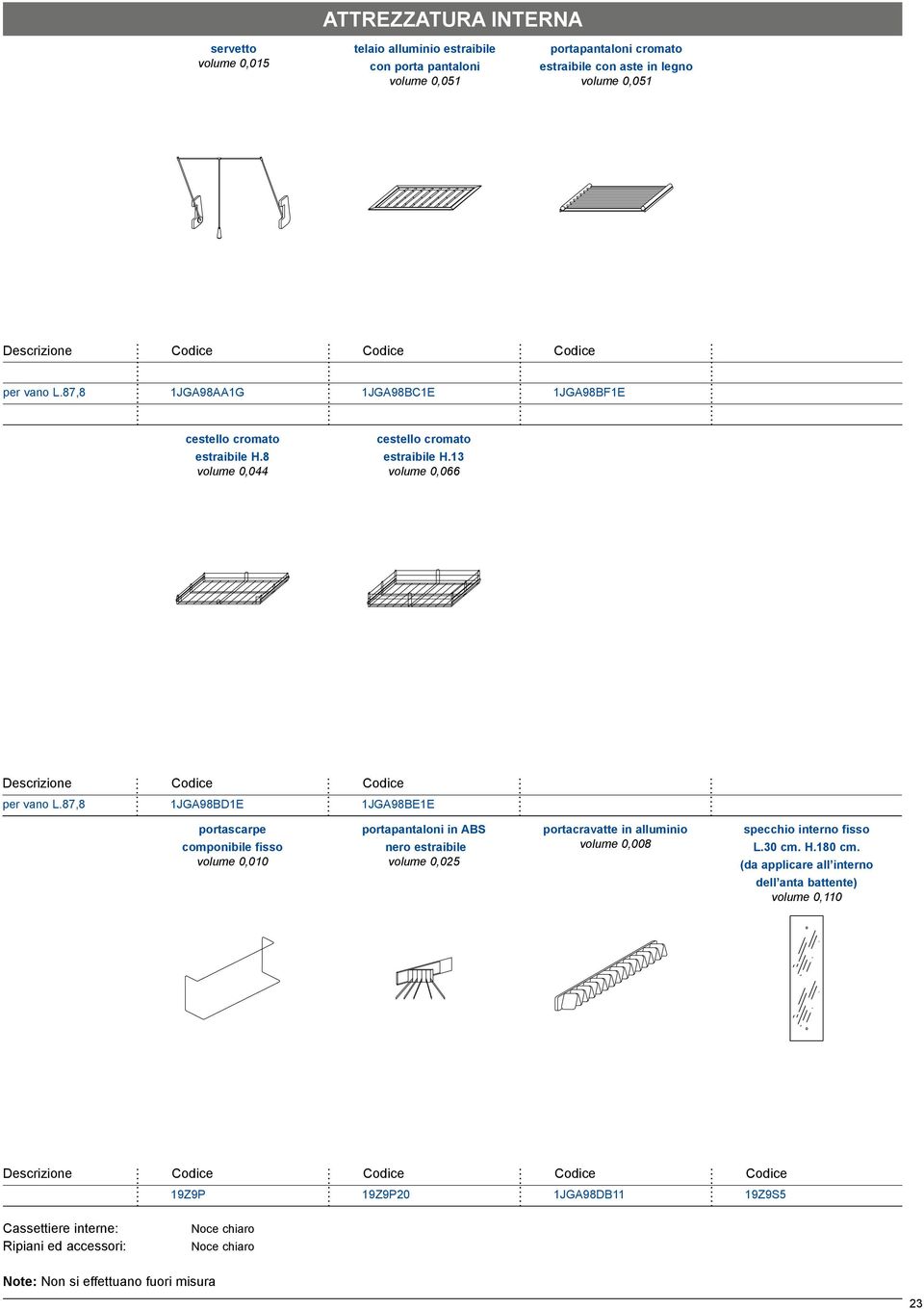 87,8 1JGA98BD1E 1JGA98BE1E portascarpe componibile fisso volume 0,010 portapantaloni in ABS nero estraibile volume 0,025 portacravatte in alluminio volume 0,008 specchio interno