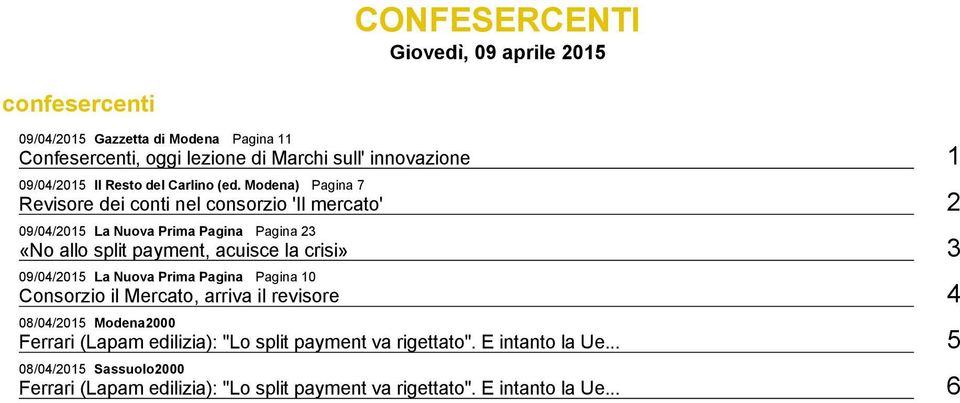 Modena) Pagina 7 Revisore dei conti nel consorzio 'Il mercato' 2 09/04/2015 La Nuova Prima Pagina Pagina 23 «No allo split payment, acuisce la crisi» 3