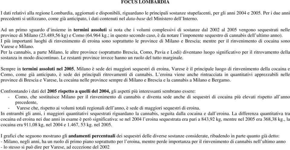 Ad un primo sguardo d insieme in termini assoluti si nota che i volumi complessivi di sostanze dal 2002 al 2005 vengono sequestrati nelle province di Milano (23.489,56 kg) e Como (64.964 kg.