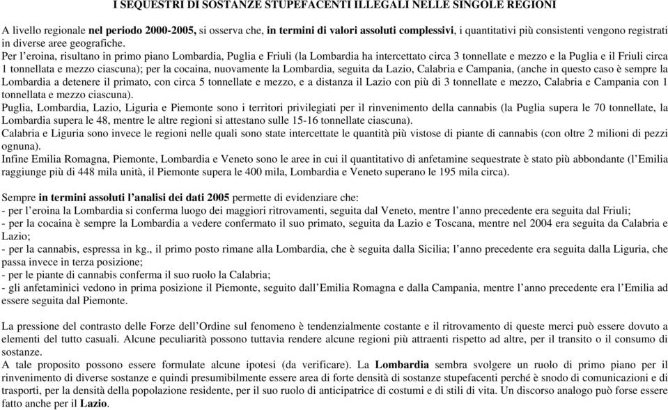 Per l eroina, risultano in primo piano Lombardia, Puglia e Friuli (la Lombardia ha intercettato circa 3 tonnellate e mezzo e la Puglia e il Friuli circa 1 tonnellata e mezzo ciascuna); per la