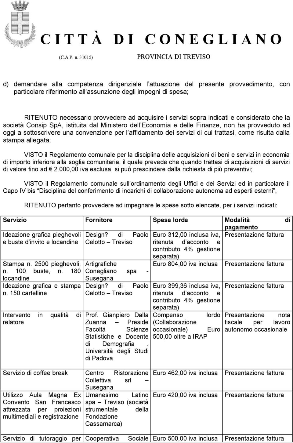 servizi di cui trattasi, come risulta dalla stampa allegata; VISTO il Regolamento comunale per la disciplina delle acquisizioni di beni e servizi in economia di importo inferiore alla soglia