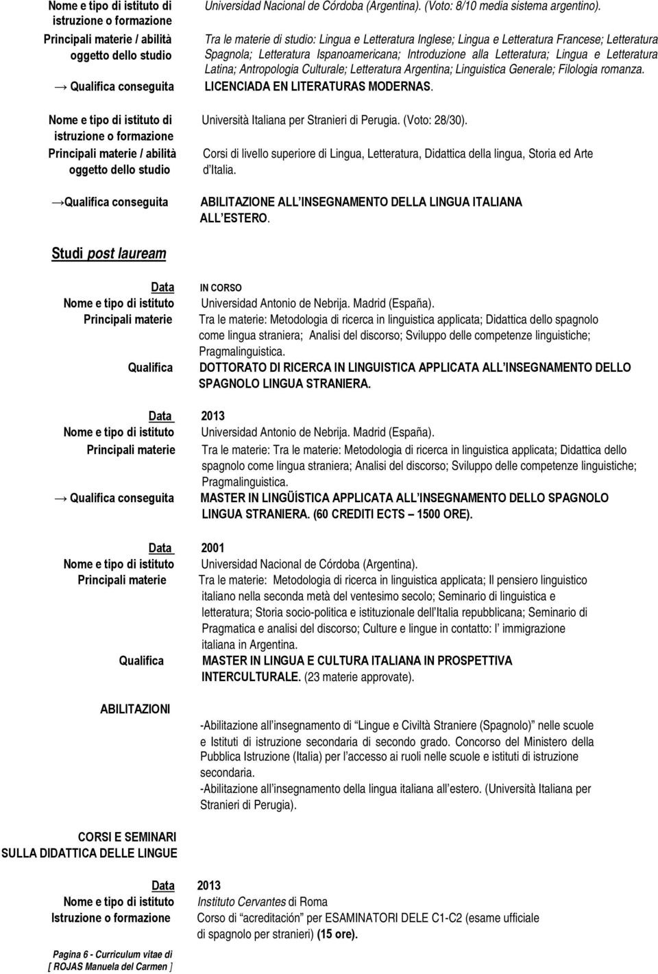 Antropologia Culturale; Letteratura Argentina; Linguistica Generale; Filologia romanza. LICENCIADA EN LITERATURAS MODERNAS. di Università Italiana per Stranieri di Perugia. (Voto: 28/30).