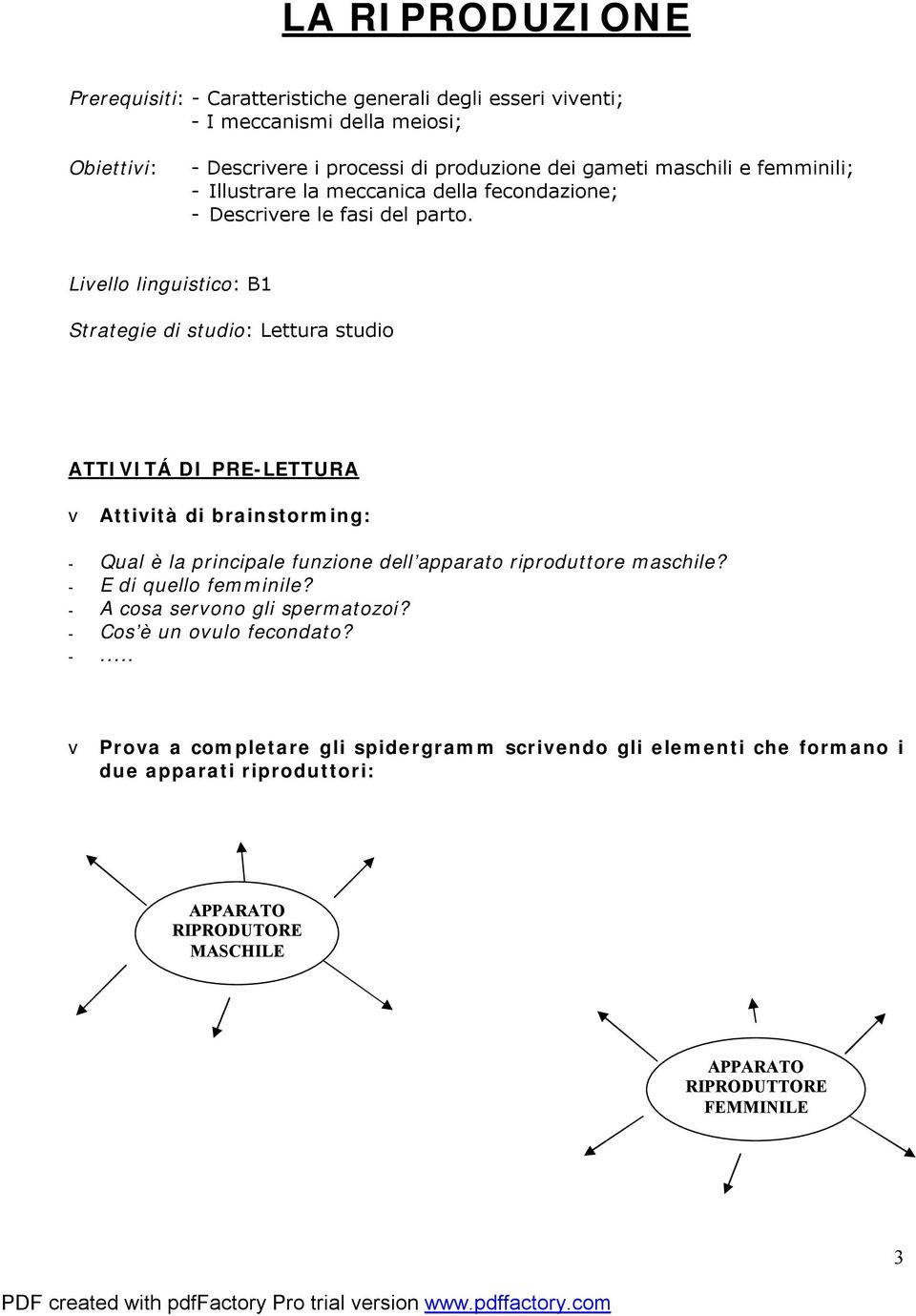 Livello linguistico: B1 Strategie di studio: Lettura studio ATTIVITÁ DI PRE-LETTURA v Attività di brainstorming: Qual è la principale funzione dell apparato riproduttore