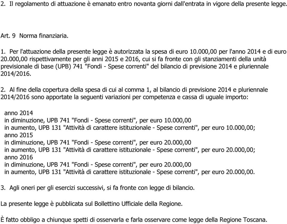 000,00 rispettivamente per gli anni 2015 e 2016, cui si fa fronte con gli stanziamenti della unità previsionale di base (UPB) 741 "Fondi - Spese correnti" del bilancio di previsione 2014 e