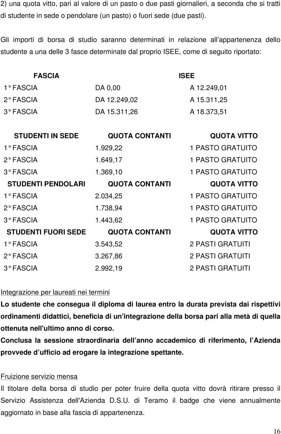 0,00 A 12.249,01 2 FASCIA DA 12.249,02 A 15.311,25 3 FASCIA DA 15.311,26 A 18.373,51 STUDENTI IN SEDE QUOTA CONTANTI QUOTA VITTO 1 FASCIA 1.929,22 1 PASTO GRATUITO 2 FASCIA 1.