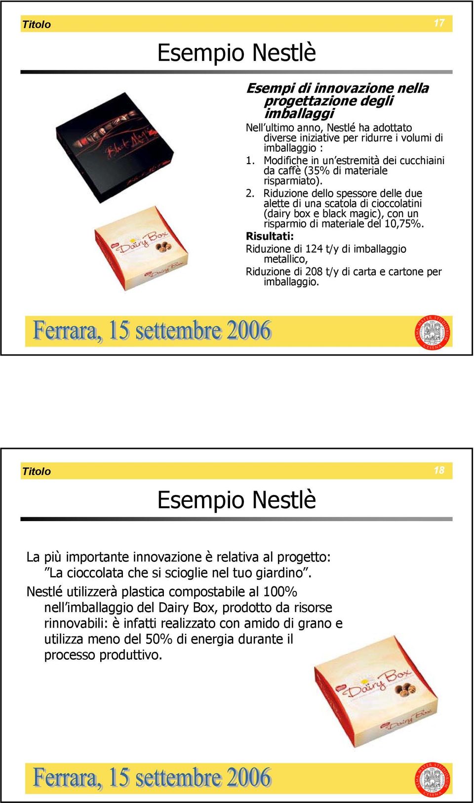 Riduzione dello spessore delle due alette di una scatola di cioccolatini (dairy box e black magic), con un risparmio di materiale del 10,75%.