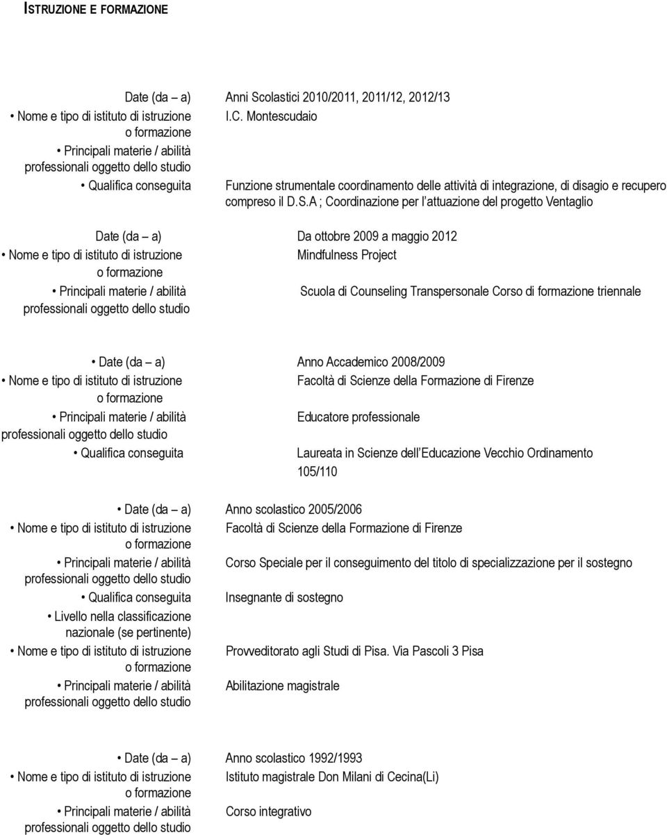 A ; Coordinazione per l attuazione del progetto Ventaglio Date (da a) Da ottobre 2009 a maggio 2012 Nome e tipo di istituto di istruzione Mindfulness Project Scuola di Counseling Transpersonale Corso