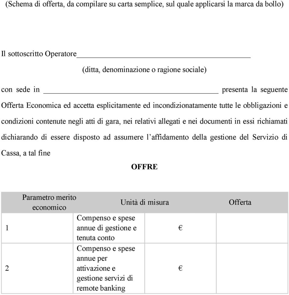 allegati e nei documenti in essi richiamati dichiarando di essere disposto ad assumere l affidamento della gestione del Servizio di Cassa, a tal fine OFFRE 1 2