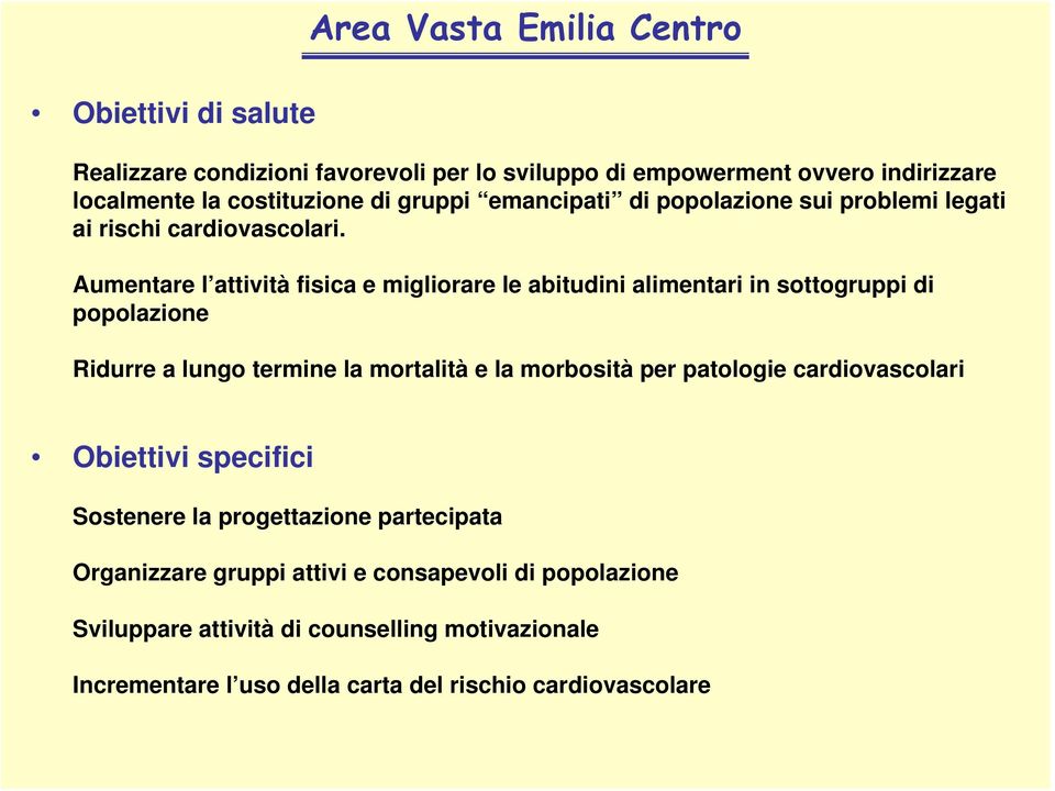 Aumentare l attività fisica e migliorare le abitudini alimentari in sottogruppi di popolazione Ridurre a lungo termine la mortalità e la morbosità per