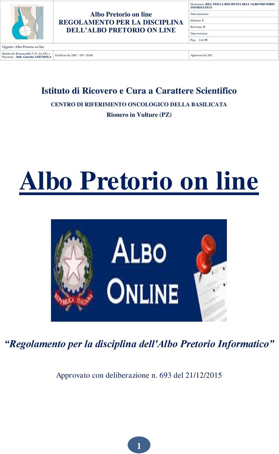 (PZ) Albo Pretorio on line Regolamento per la disciplina dell'albo