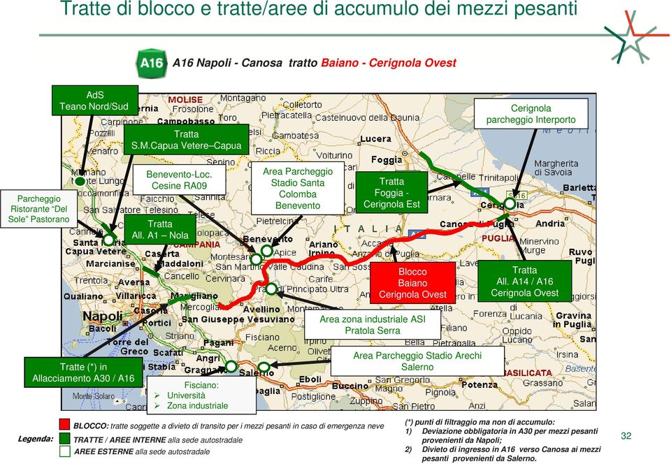 A14 / A16 Cerignola Ovest Tratte (*) in Allacciamento A30 / A16 Fisciano: Università Zona industriale Area zona industriale ASI Pratola Serra Area Parcheggio Stadio Arechi Salerno BLOCCO: tratte