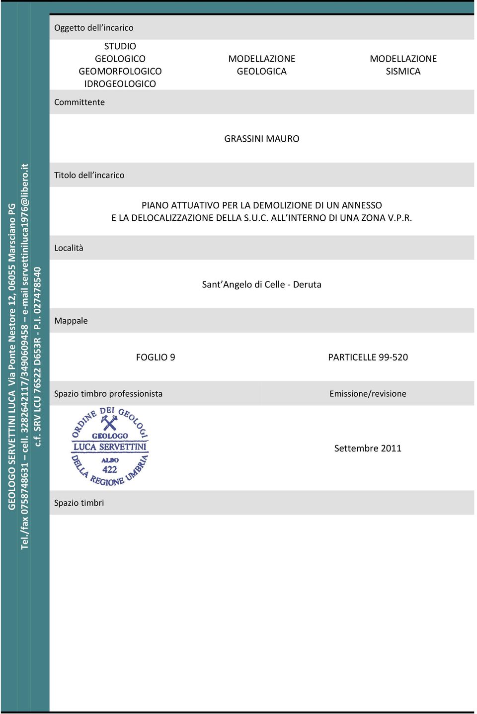 I. 027478540 Titolo dell incarico Località Mappale Spazio timbro professionista Spazio timbri PIANO ATTUATIVO PER LA DEMOLIZIONE DI UN ANNESSO E LA