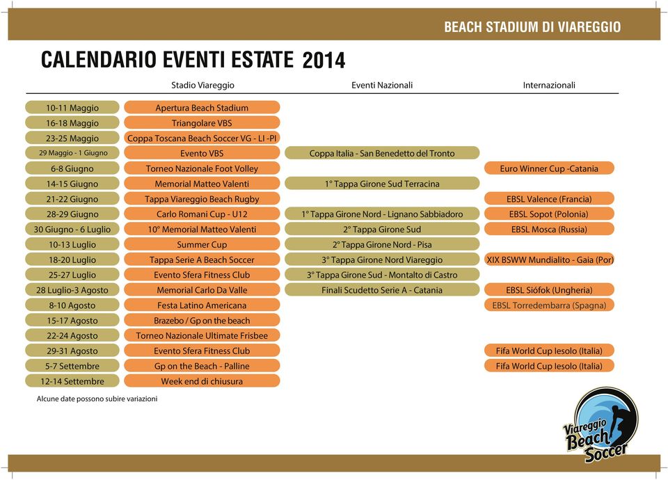 21-22 Giugno Tappa Viareggio Beach Rugby EBSL Valence (Francia) 28-29 Giugno Carlo Romani Cup - U12 1 Tappa Girone Nord - Lignano Sabbiadoro EBSL Sopot (Polonia) 30 Giugno - 6 Luglio 10 Memorial